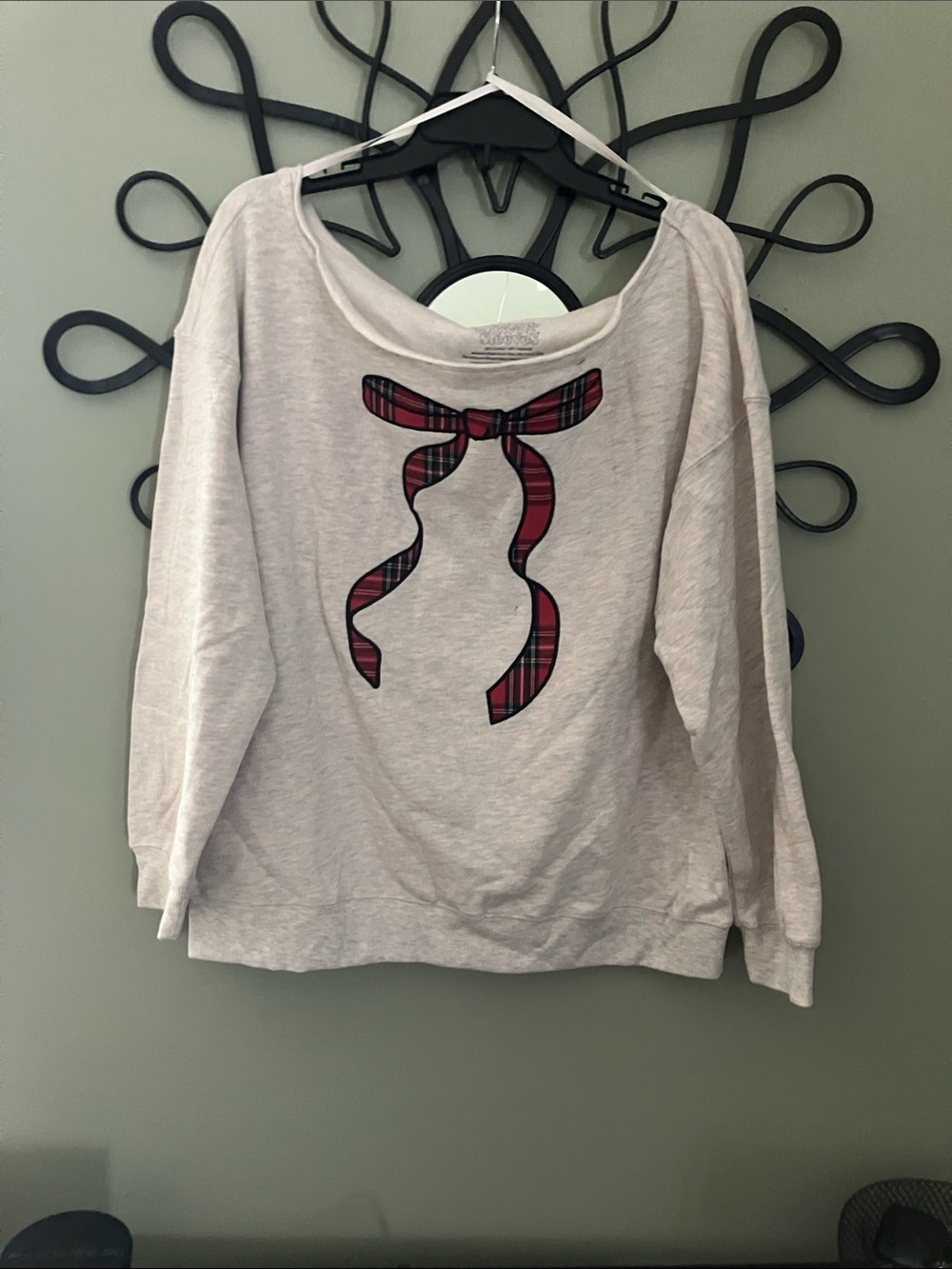 Cream Off-the-Shoulder Sweater with Red Plaid Bow Accent